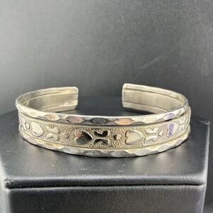 Vintage Estate Cuff Bracelet Silver Tone Embossed Heart Butterfly 6.5"